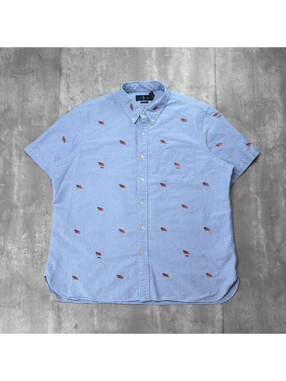Y2K Light Blue Polo Ralph Lauren USA Flag AOP Button Up Shirt